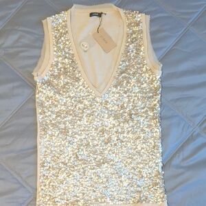 J. Crew Tan/Cream Chiffon Trim Sequin Shell